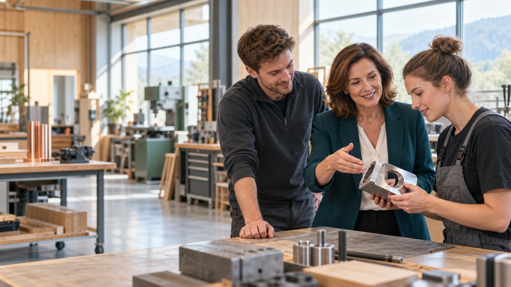 Unternehmerin entwickelt mit ihrem Team einen neuen Produktprototyp in einer Werkstatt